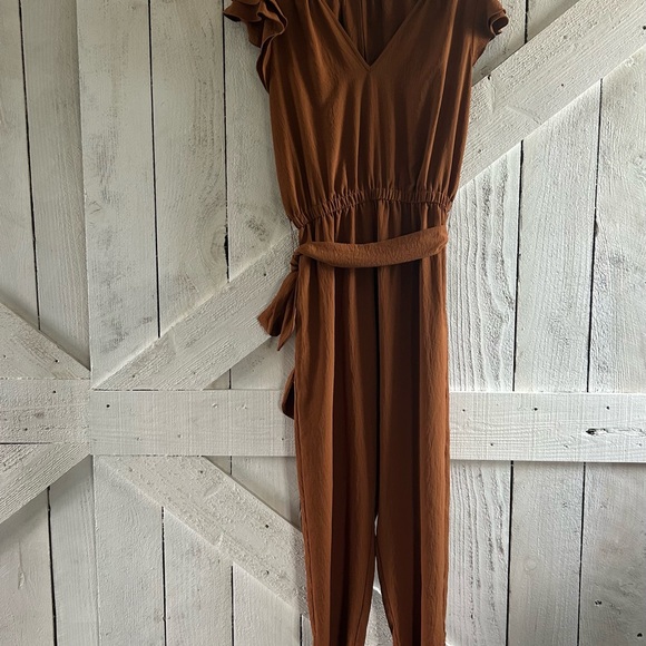 Evereve Rust Jumpsuit with Ruffle Sleeves - Picture 1 of 6